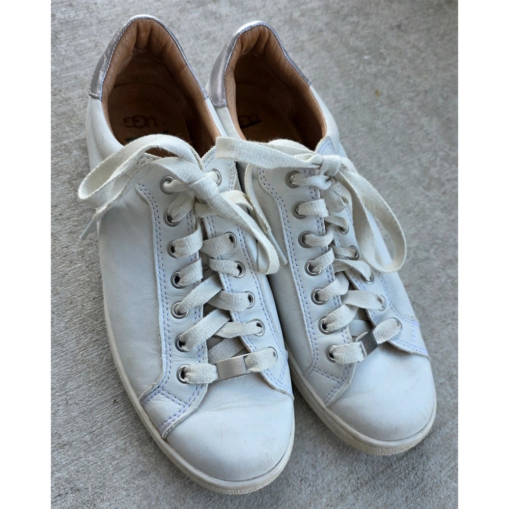 UGG Bren White Leather Low Top Sneakers Metallic Silver Heel 1019107 Womens 11